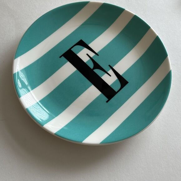 NWT Kate Spade NY Wickford To The Letter E Dish Plate Turquoise White Stripe - Picture 7 of 7